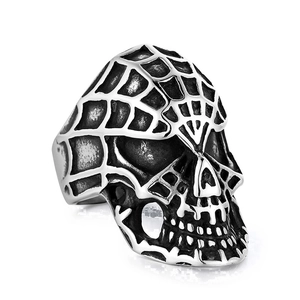 Anillo de calavera para hombre estilo industrial vintage con textura de telaraña en acero