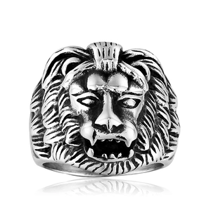 Detailed close-up of a vintage lion head ring in oxidized silver-finished stainless steel