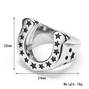 Mens stainless steel horseshoe ring with star engravings, size 24mm by 20mm, weight 18g