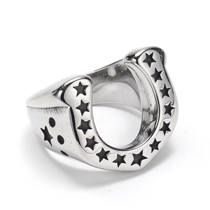 Polished silver horseshoe ring for men with black engraved stars in stainless steel