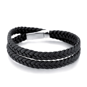 Pulsera de cuero negro trenzado de doble capa con cierre magnético de metal plateado
