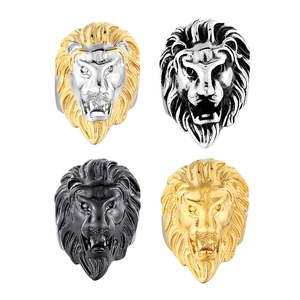 Punk rock lion head rings for men in gold, silver, and black stainless steel finishes