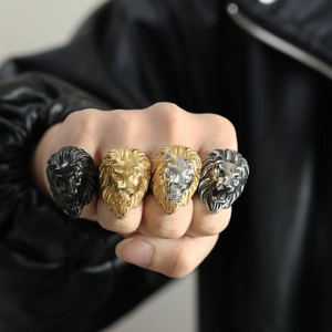 Gothic lion head rings for men in black, gold, and silver finishes, punk rock jewelry set