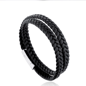 Pulsera de Hombre Vintage de Doble Capa de Cuero Genuino Trenzado Con Cierre Magnético de Acero de Titanio Punk Retro