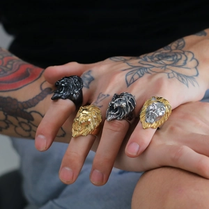 Men's rock punk lion head rings in matte black, gold, and silver stainless steel