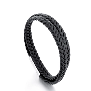 Pulsera de doble capa en cuero vacuno trenzado negro con cierre de hebilla plateada