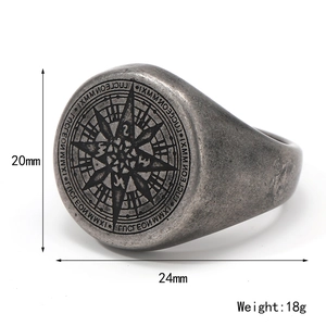Anillo brújula vintage de acero inoxidable para hombre con acabado antiguo y vista 45°