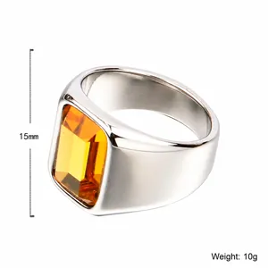 Anello vintage da uomo in acciaio inossidabile con grande ambra rettangolare, larghezza 15mm