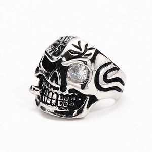 Punk style stainless steel skull ring with cubic zirconia eye and vintage pipe design