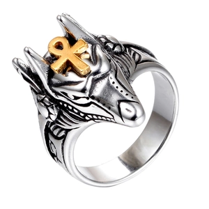 Vintage Egyptische Anubis Wolfshoofd Ring Mannen Titanium Staal Punk Gothic Ankh Kruis Zegelring Retro Emaille Sieraden