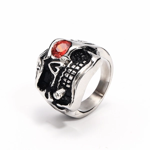Punk rock skull ring for men in stainless steel with red zircon eyes and vintage finish