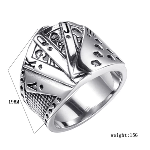 Vintage stainless steel poker royal flush ring in antique silver, 19mm diameter, 15g weight