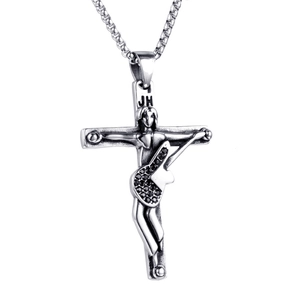 Retro rock style silver cross necklace with guitar player pendant and black rhinestones