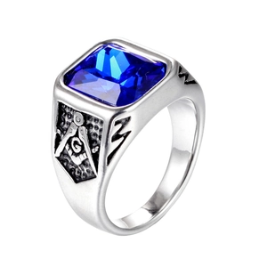 Detailed macro view of men's Freemason ring with blue stone and G symbol on the side