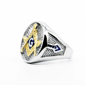 Zilveren en gouden Vrijmetselaars zegelring met blauw emaille G-symbool staal