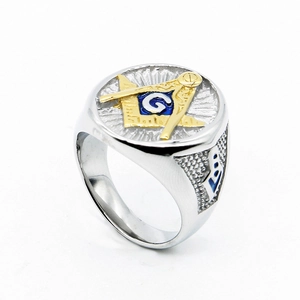 Gepolijste roestvrijstalen vrijmetselaarsring voor heren met blauw email en gouden G teken