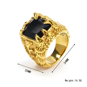 Eagle claw gold-plated men's ring with large square black stone and dragon scale textures