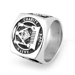 Bague maçonnique vintage en acier inoxydable argenté poli avec équerre et compas pour homme