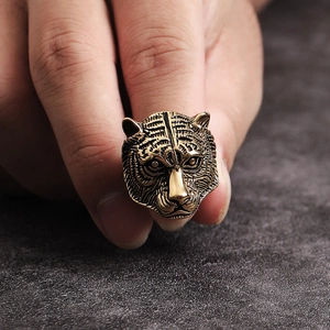 Men's punk tiger head ring in vintage gold finish, high quality stainless steel casting
