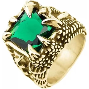 Detailed view of eagle claw ring with green emerald stone and dragon scale texture