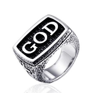 Men's punk stainless steel signet ring featuring silver GOD engraving and hammered texture