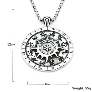 Collana con ciondolo a bussola hip hop con segni zodiacali ed emblema del sole in argento