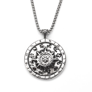 Collana con Ciondolo Bussola Zodiaco in Acciaio Inossidabile per Uomo Hiphop Punk Vintage Argento Invecchiato Catena Veneziana