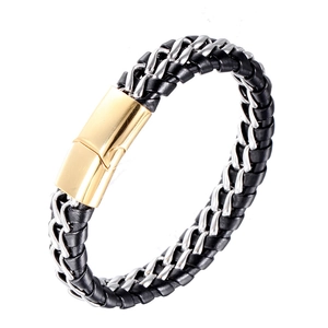 Bracelet Homme Rétro en Cuir de Vachette Tissé Avec Chaîne en Acier Inoxydable Style Industriel Double Couche Tressé Punk Bijoux