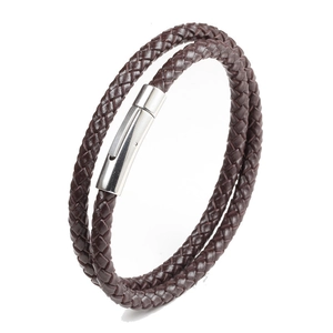 Men's double-wrap braided leather bracelet with silver magnetic stainless steel clasp