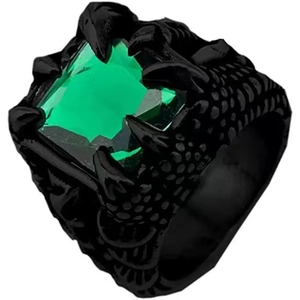 Close-up of green gemstone ring with dragon claw setting and black textured metal band