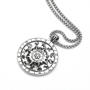 Collana da uomo con ciondolo a bussola hip hop, 12 segni zodiacali e catena vintage