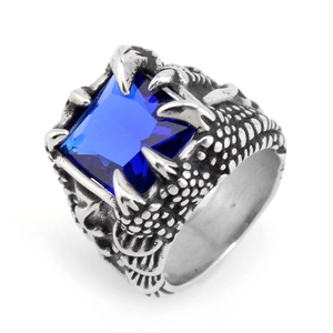 Eagle claw stainless steel ring with square blue gemstone and dragon scale texture