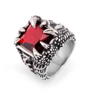 Men's gothic eagle claw ring with a square red gemstone in polished silver finish