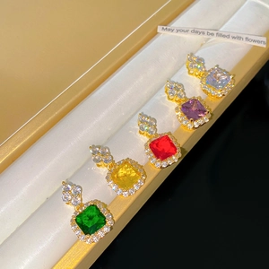 Elegant gold necklaces with square colorful zircon pendants in five vibrant stone colors