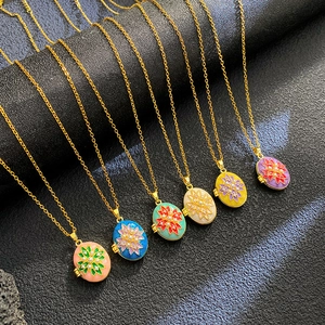 Colorful enamel oval locket necklaces with pearl flowers on gold chains, six color options