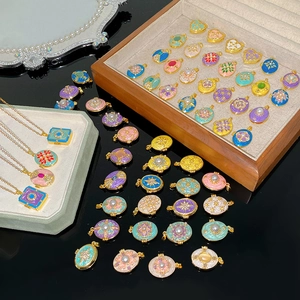 Vintage gold plated pendant necklace set with colorful enamel and zircon crystals