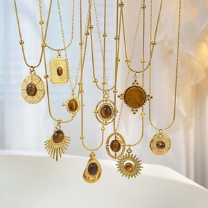 Vintage Natural Tiger Eye Stainless Steel Necklace Gold Plated Brown Stone Geometric Heart Sunburst Pendant Necklace For Women Jewelry