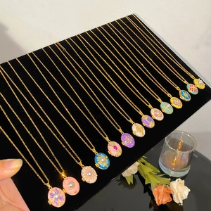 Vintage gold oval enamel pendant necklaces with colorful floral patterns and zircon accents