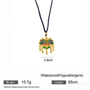 Ancient gold lotus gourd pendant necklace with colorful enamel and black cord