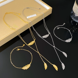 Bohemian Stainless Steel Double Layer Feather Tassel Necklace Bracelet Set Gold Silver Plated Rhinestone Jewelry For Women