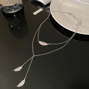 Close-up of silver-toned double-layered feather pendant necklace with zircon inlay