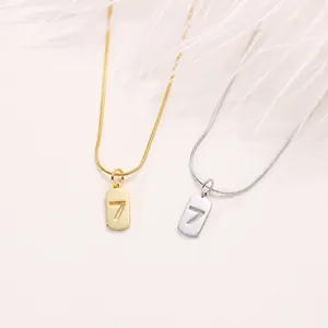 Titanium steel snake chain necklace with Lucky 7 rectangular pendant in gold and silver