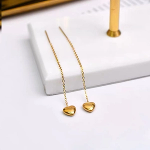 Elegant gold-plated heart pendant tassel threader earrings with a polished mirror finish