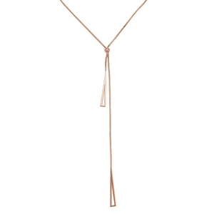 Detail of rose gold Y-shaped necklace with hollow triangle pendants on a box chain