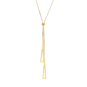 Minimalist long rose gold titanium steel necklace with adjustable triangle tassel pendants.