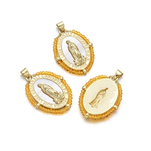 Pendentif Vierge Marie vintage en nacre avec bordure de perles de cristal orange