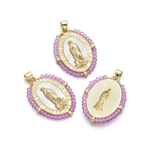 Pendentif Vierge Marie religieux avec perles mauves et incrustation nacre