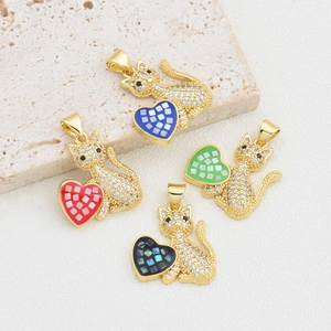 18K Gold Plated Copper Cat Heart Pendant With Rhinestones Artificial Shell Charm For Necklace DIY Jewelry Making Women