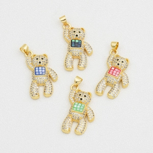 Pendentif Ours en Cuivre Plaqué Or Avec Zirconia Coquille Émail Goutte Damiers Mode DIY Collier Bijoux Breloques Femmes
