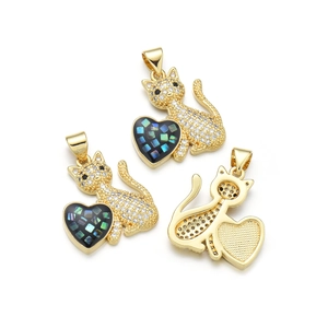 Gold-plated cat pendant necklace with white zircons and a shell heart charm